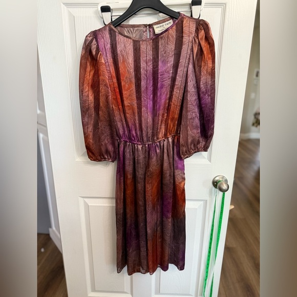 Vintage Jackie Taub ILGWU Dress Purple Orange Sheer Overlay Puff Sleeve Small - Picture 2 of 7